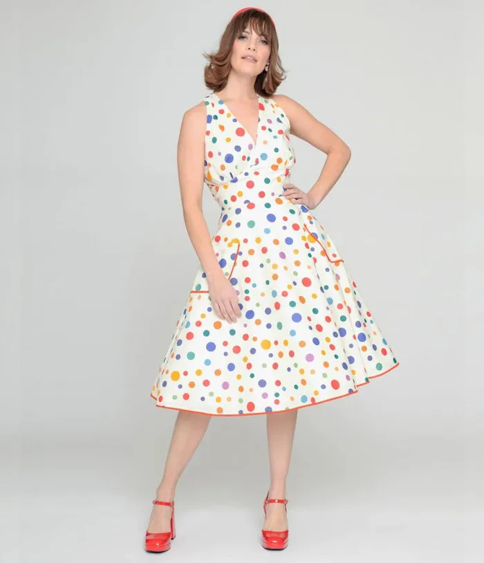 1950s Rainbow Polka Dot Cotton Halter Swing Dress Dresses Unique Vintage Pocket Dresses