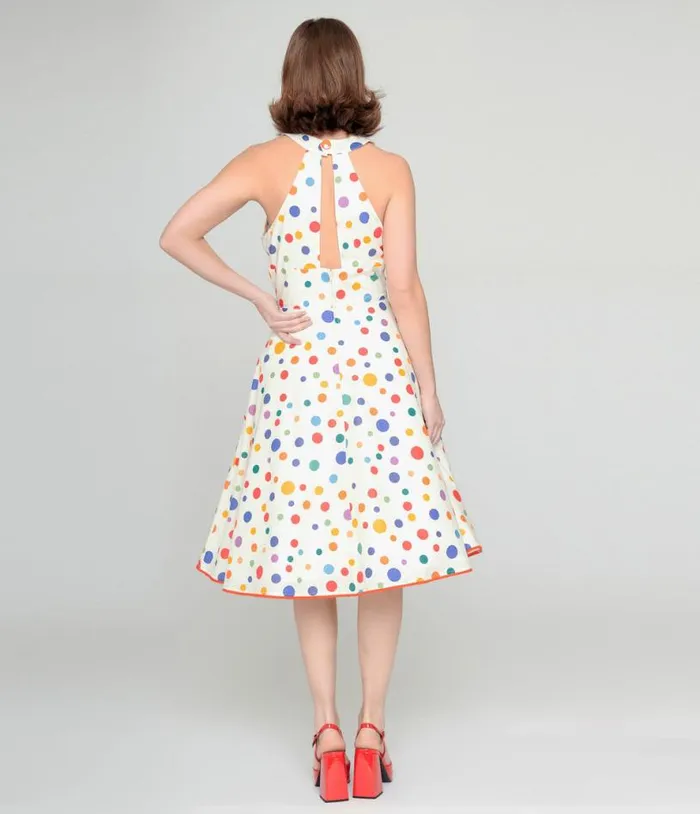 1950s Rainbow Polka Dot Cotton Halter Swing Dress Dresses Unique Vintage Pocket Dresses