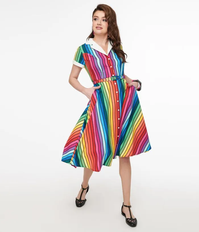 1950s Rainbow Stripe Pride Alexis Swing Dress Dresses Unique Vintage Pocket Dresses 1950s Rainbow Stripe Pride Alexis Swing Dress Dresses Unique Vintage Pocket Dresses