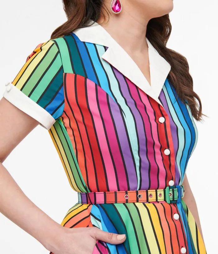 1950s Rainbow Stripe Pride Alexis Swing Dress Dresses Unique Vintage Pocket Dresses