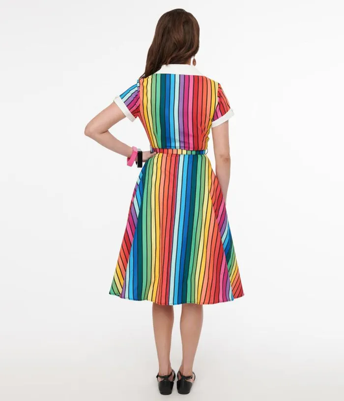 1950s Rainbow Stripe Pride Alexis Swing Dress Dresses Unique Vintage Pocket Dresses