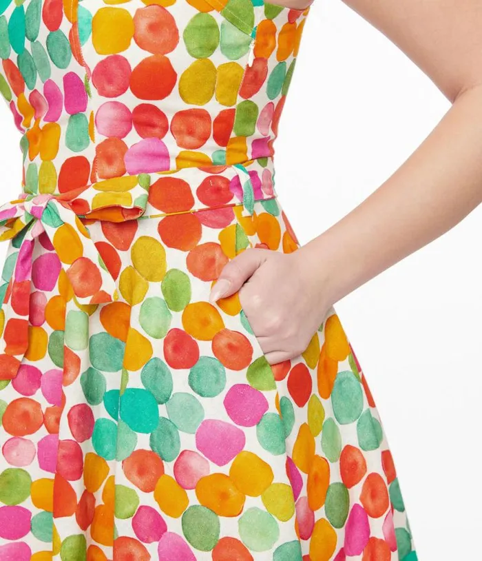 1950s Rainbow Watercolor Polka Dot Lori Swing Dress Dresses Unique Vintage Pocket Dresses