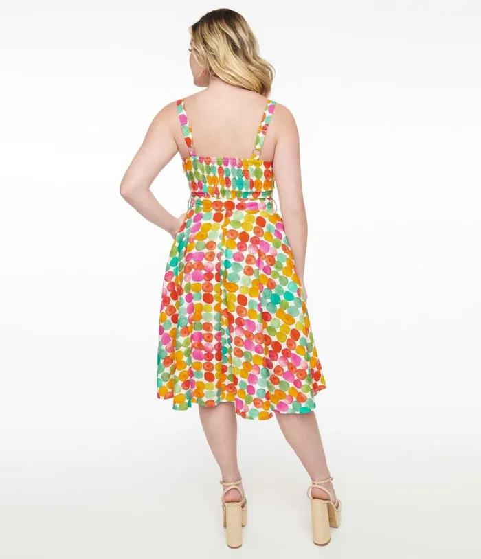 1950s Rainbow Watercolor Polka Dot Lori Swing Dress Dresses Unique Vintage Pocket Dresses