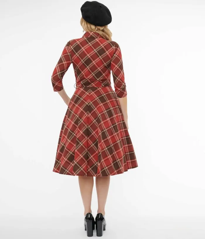 1950s Red and Brown Bias Plaid Swing Dress Dresses Unique Vintage Pocket Dresses