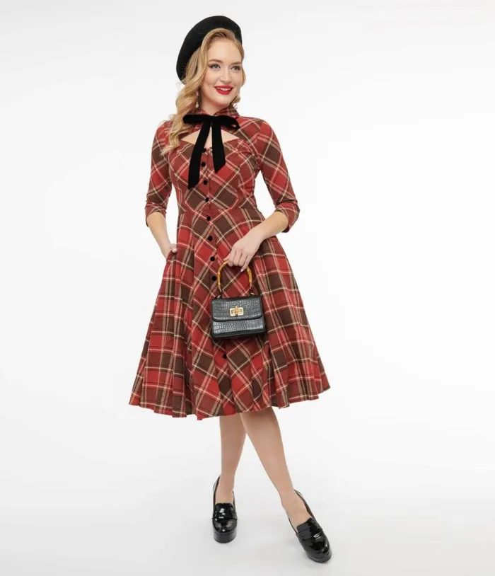1950s Red and Brown Bias Plaid Swing Dress Dresses Unique Vintage Pocket Dresses