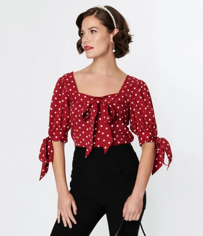 1950s Red and White Polka Dot Bow Fitted Top Clothing Unique Vintage Blouses 1950s Red and White Polka Dot Bow Fitted Top Clothing Unique Vintage Blouses