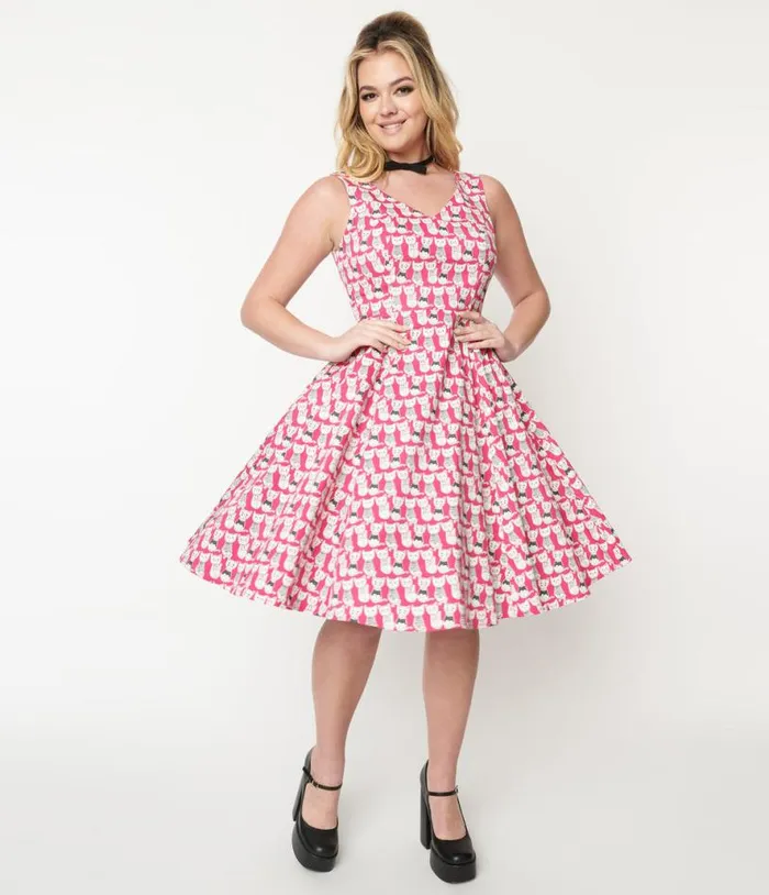 1950s Style Hot Pink Cat Print Sleeveless Swing Dress Dresses Unique Vintage Pocket Dresses 1950s Style Hot Pink Cat Print Sleeveless Swing Dress Dresses Unique Vintage Pocket Dresses