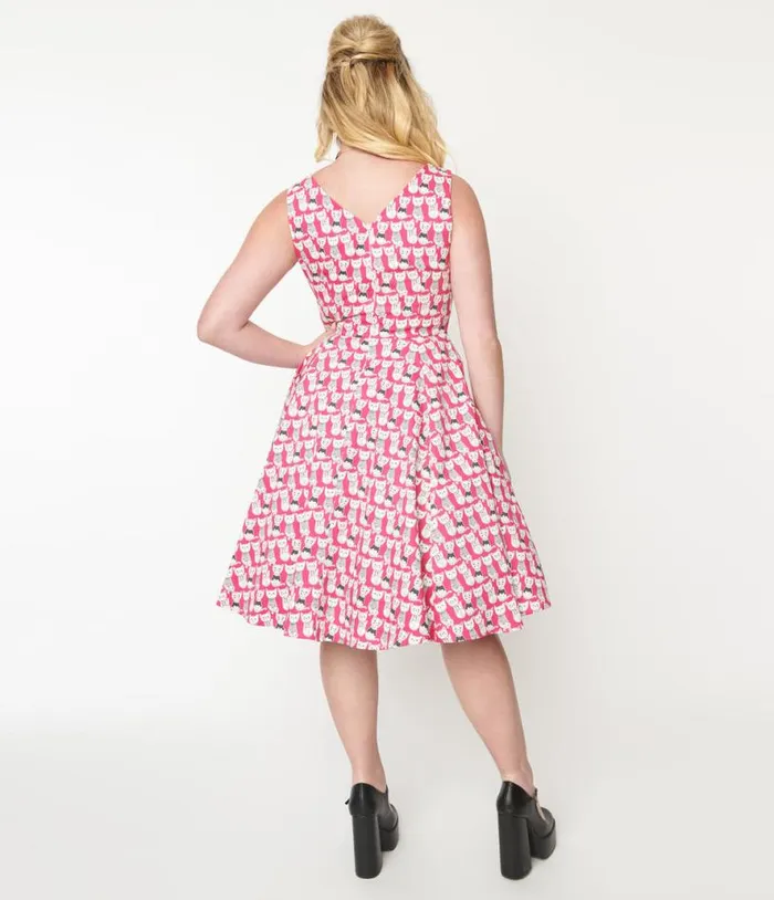 1950s Style Hot Pink Cat Print Sleeveless Swing Dress Dresses Unique Vintage Pocket Dresses