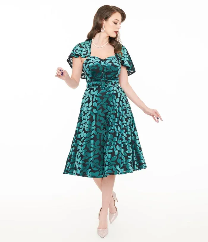 1950s Teal and Black Velvet Burnout Capelet Swing Dress Dresses Unique Vintage Pocket Dresses 1950s Teal and Black Velvet Burnout Capelet Swing Dress Dresses Unique Vintage Pocket Dresses