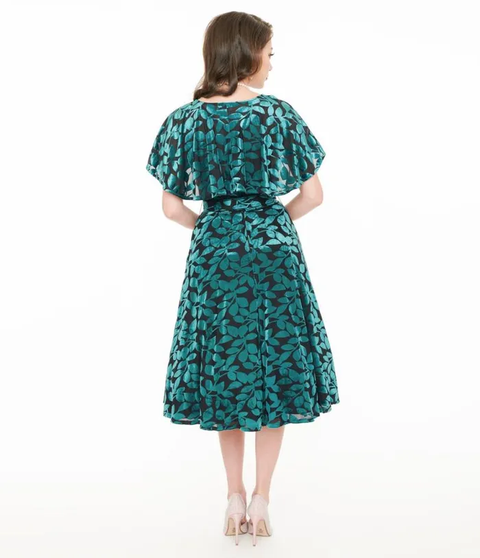 1950s Teal and Black Velvet Burnout Capelet Swing Dress Dresses Unique Vintage Pocket Dresses