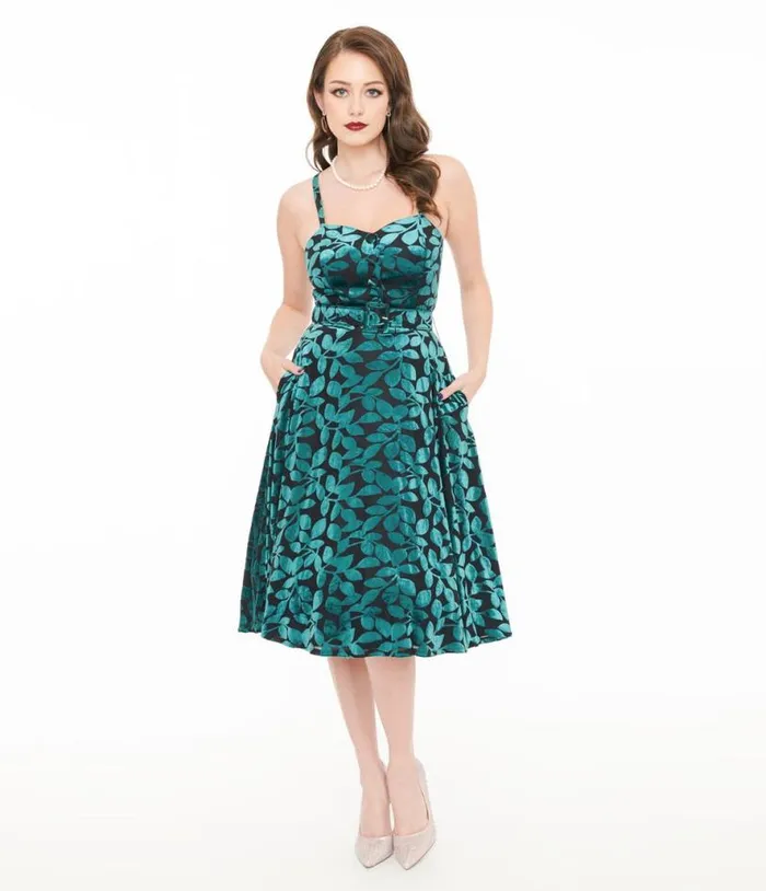 1950s Teal and Black Velvet Burnout Capelet Swing Dress Dresses Unique Vintage Pocket Dresses