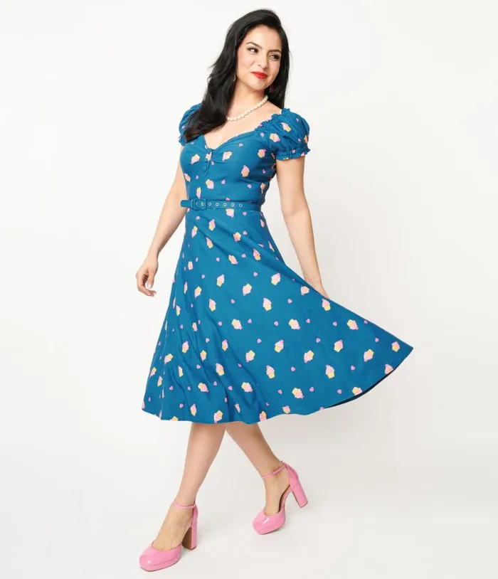 1950s Teal and Cupcake Stamp Ohara Swing Dress Dresses Unique Vintage Swing