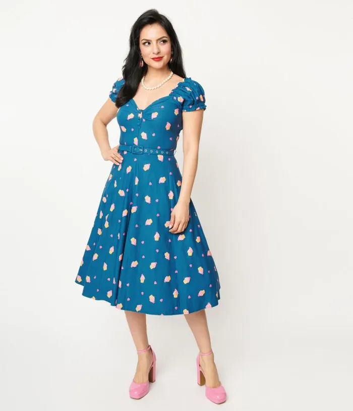 1950s Teal and Cupcake Stamp Ohara Swing Dress Dresses Unique Vintage Swing