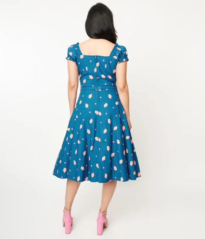 1950s Teal and Cupcake Stamp Ohara Swing Dress Dresses Unique Vintage Swing