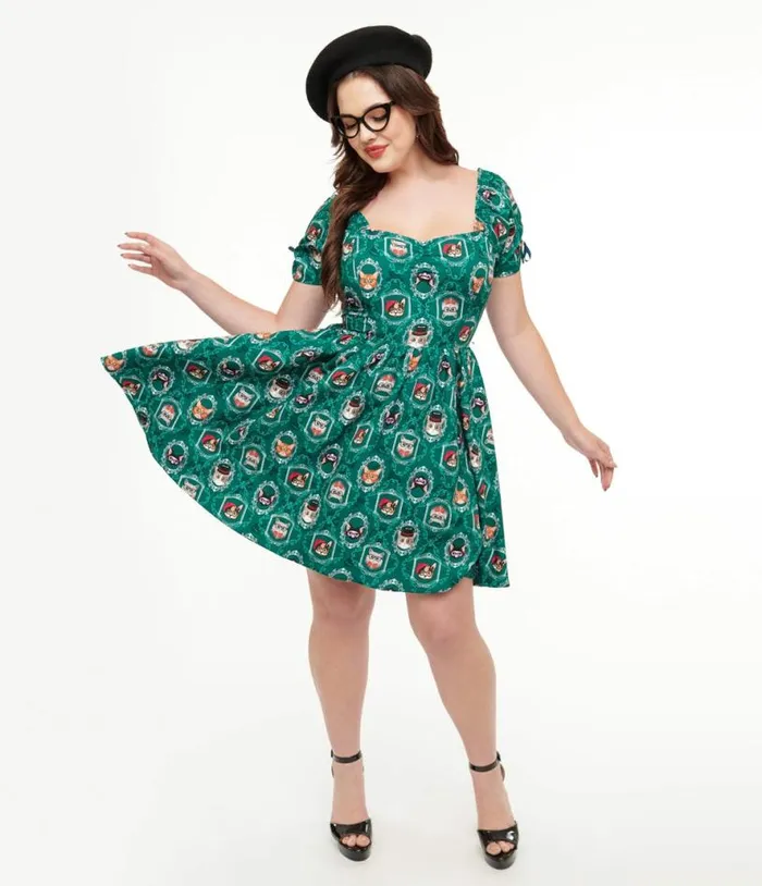 1950s Teal Cat Print Swing Dress Dresses Unique Vintage Pocket Dresses