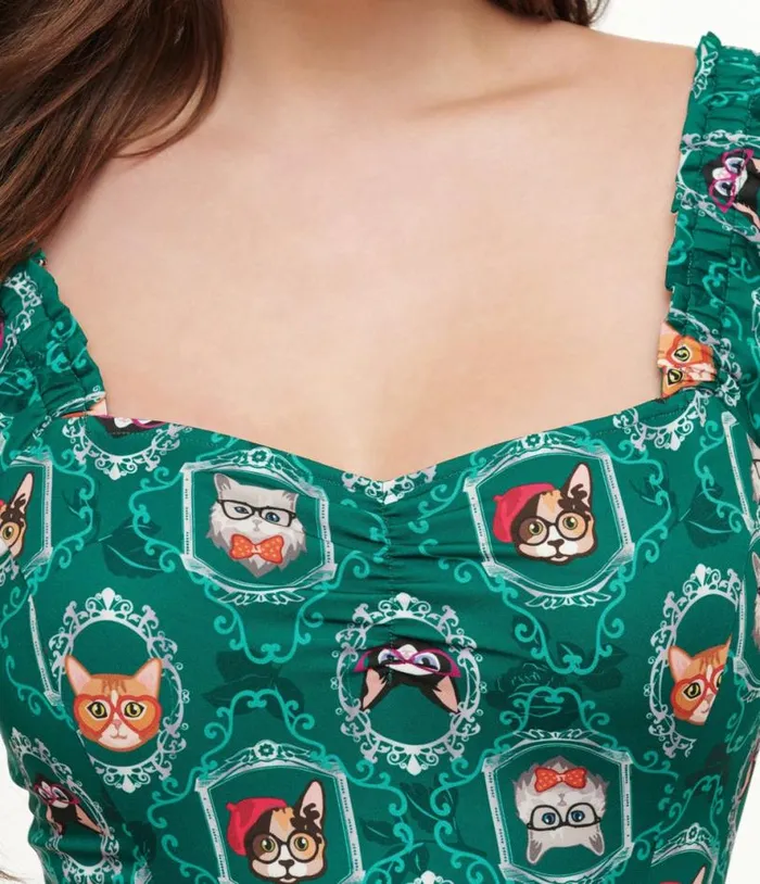 1950s Teal Cat Print Swing Dress Dresses Unique Vintage Pocket Dresses