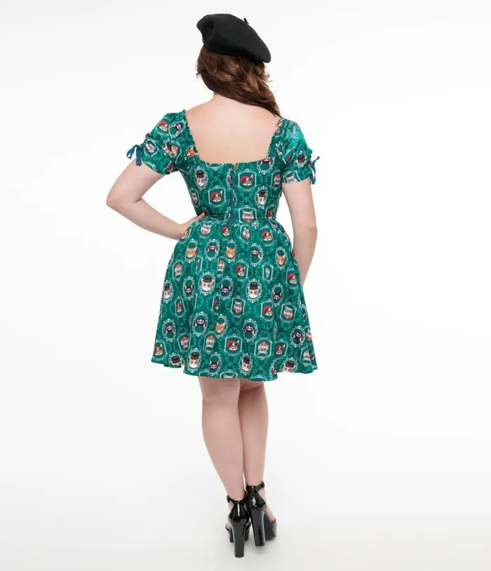 1950s Teal Cat Print Swing Dress Dresses Unique Vintage Pocket Dresses