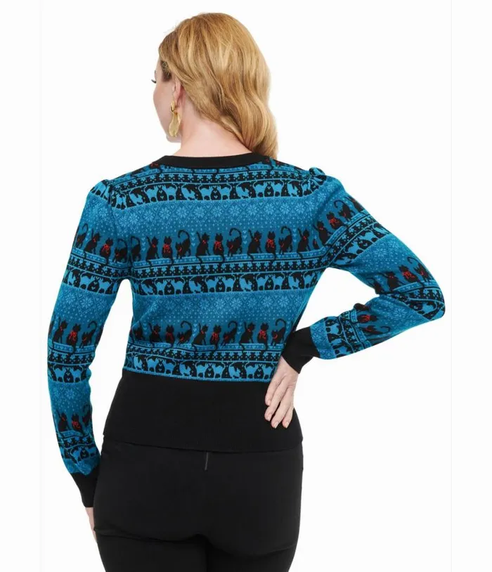 1950s Teal Snowflakes and Cats Sweater Clothing Unique Vintage Sweaters and Cardigans