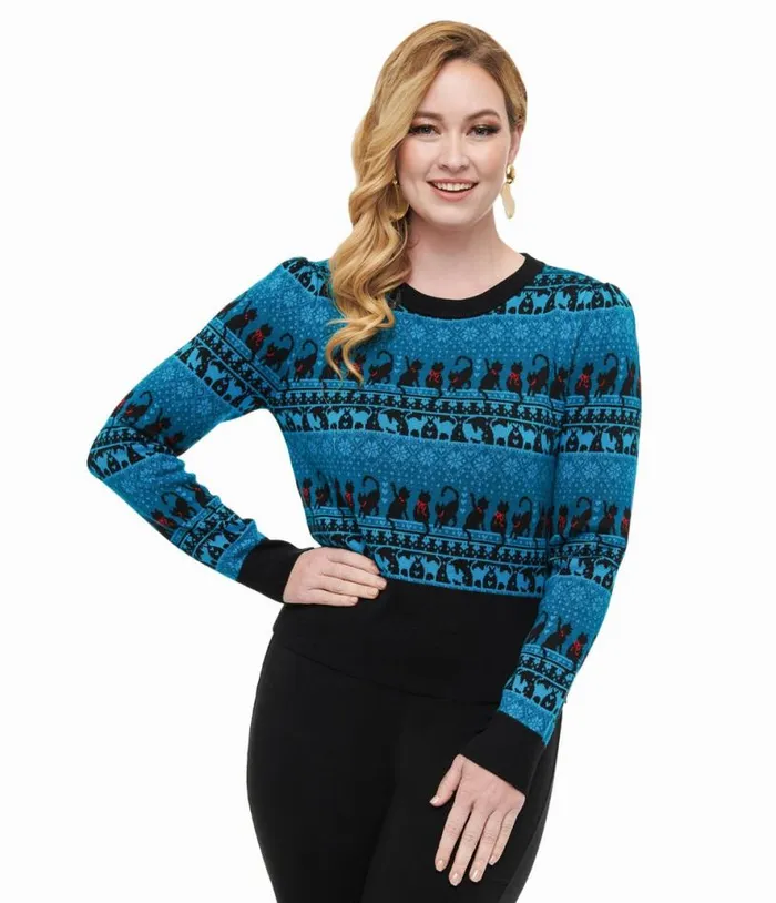 1950s Teal Snowflakes and Cats Sweater Clothing Unique Vintage Sweaters and Cardigans