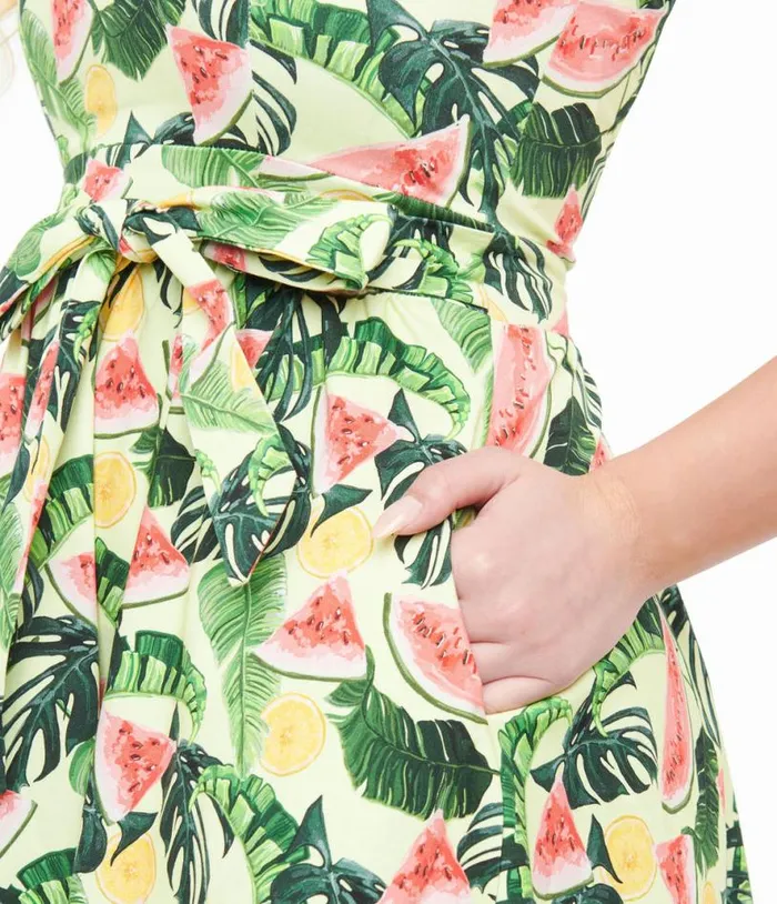 1950s Tropical Fruit Cocktail Cotton Flare Dress Dresses Unique Vintage Pocket Dresses