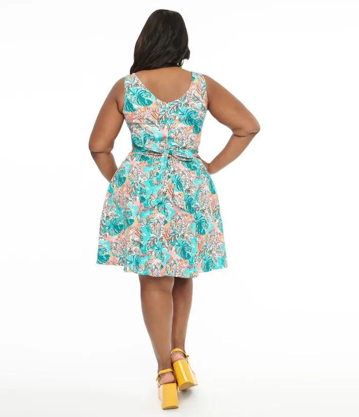1950s Turquoise Hawaii Print Tea Dress DressesPlus Unique Vintage Pocket Dresses