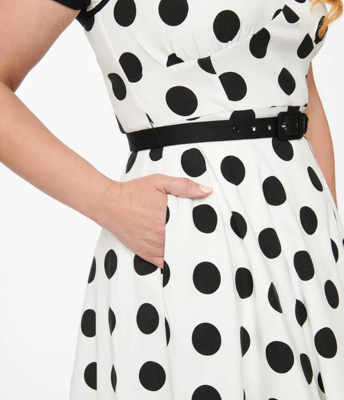 1950s White and Black Polka Dot Swing Dress Dresses Unique Vintage Pocket Dresses