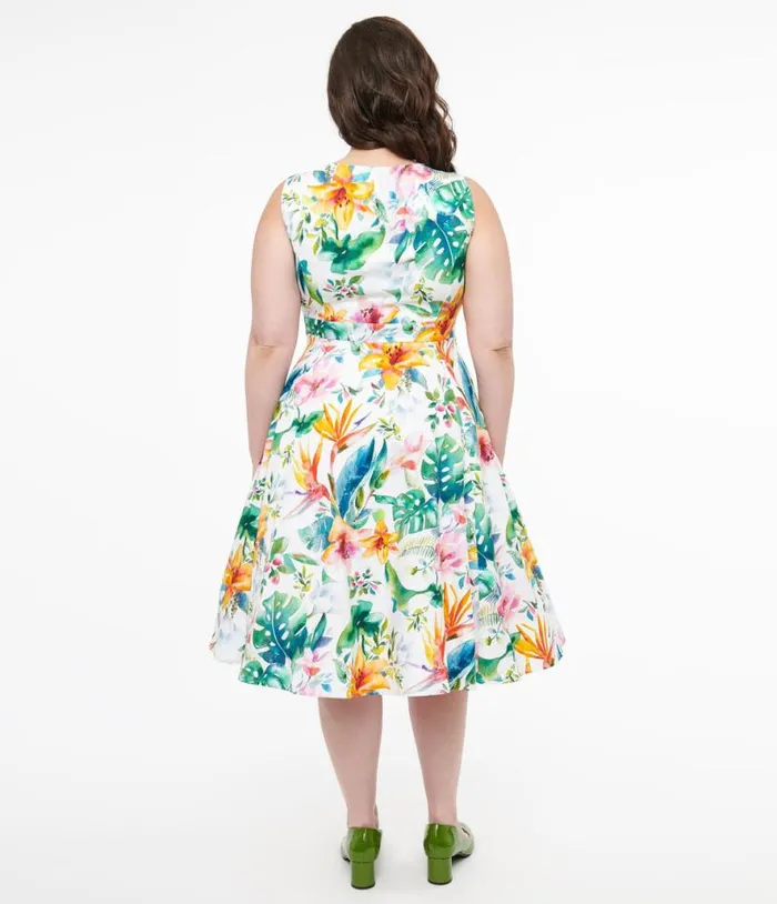 1950s White and Orange Floral Cotton Vera Swing Dress DressesPlus Unique Vintage Pocket Dresses
