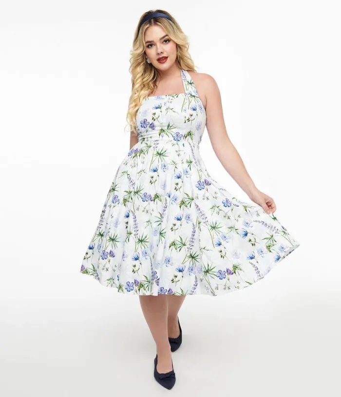 1950s White and Purple Floral Cotton Halter Swing Dress Dresses Unique Vintage Pocket Dresses 1950s White and Purple Floral Cotton Halter Swing Dress Dresses Unique Vintage Pocket Dresses