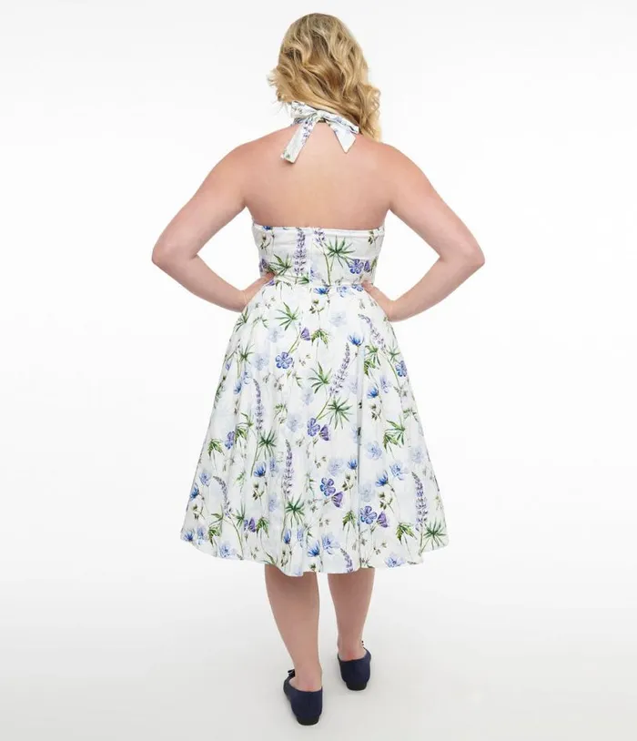 1950s White and Purple Floral Cotton Halter Swing Dress Dresses Unique Vintage Pocket Dresses