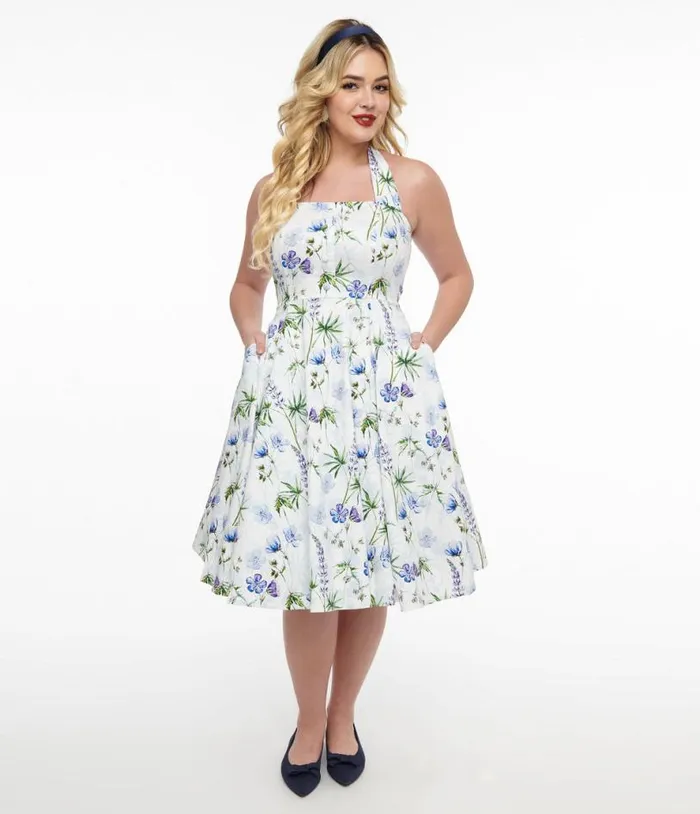 1950s White and Purple Floral Cotton Halter Swing Dress Dresses Unique Vintage Pocket Dresses