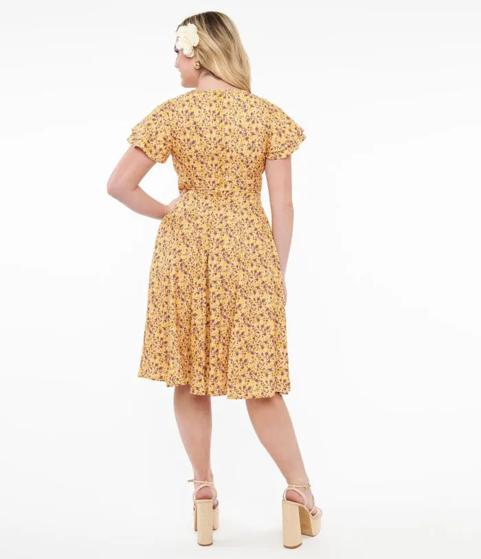 1950s Yellow and Purple Floral Capelet Swing Dress Dresses Unique Vintage Swing