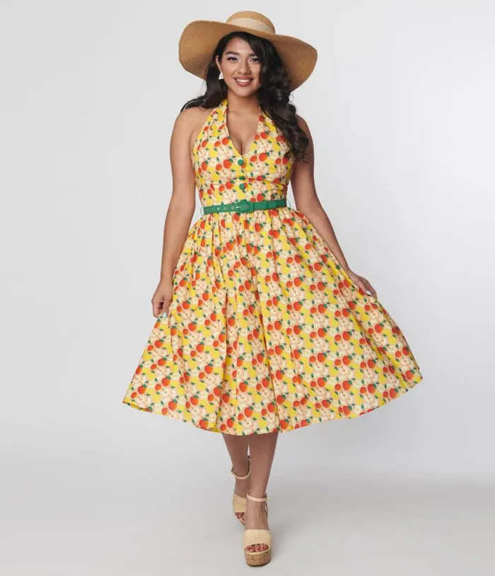 1950s Yellow and Red Apple Print Cotton Halter Swing Dress Dresses Unique Vintage Pocket Dresses 1950s Yellow and Red Apple Print Cotton Halter Swing Dress Dresses Unique Vintage Pocket Dresses