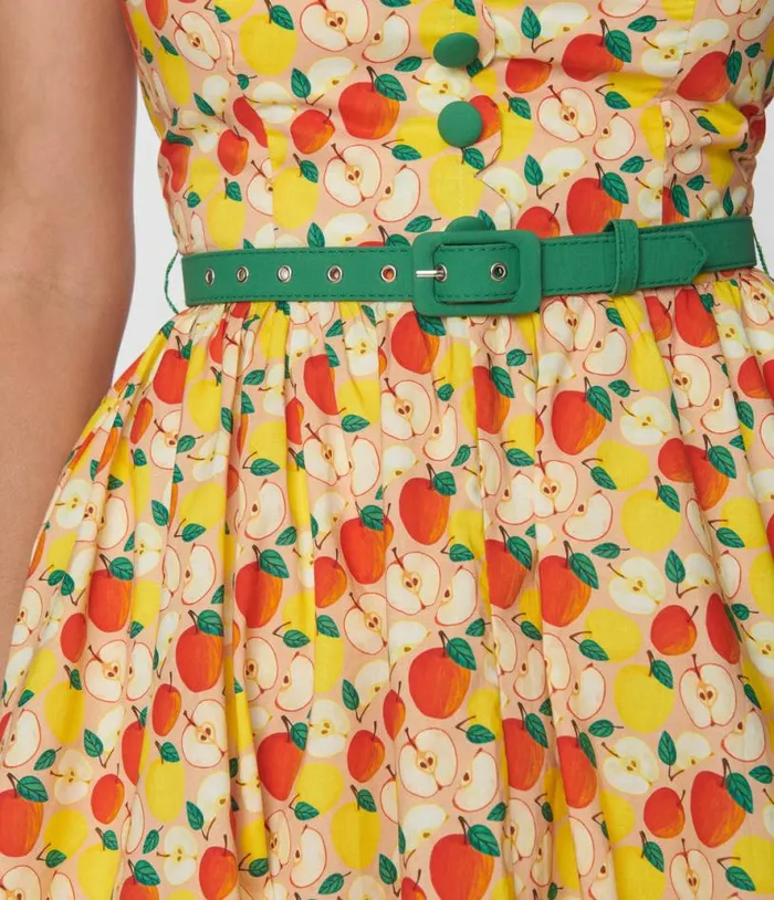 1950s Yellow and Red Apple Print Cotton Halter Swing Dress Dresses Unique Vintage Pocket Dresses