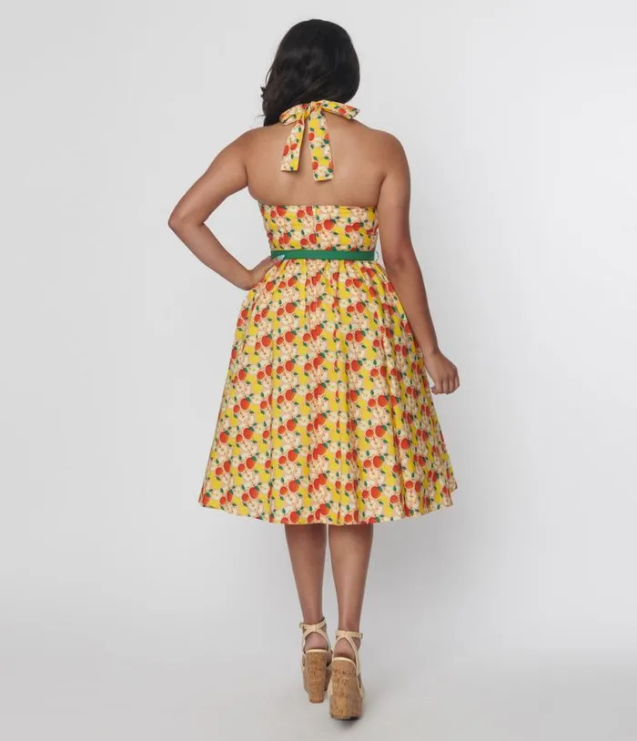 1950s Yellow and Red Apple Print Cotton Halter Swing Dress Dresses Unique Vintage Pocket Dresses