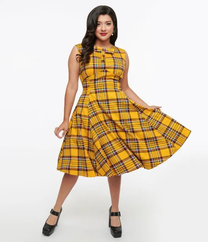 1950s Yellow Plaid Swing Dress DressesPlus Unique Vintage Pocket Dresses