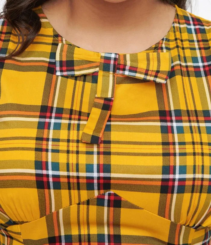 1950s Yellow Plaid Swing Dress DressesPlus Unique Vintage Pocket Dresses