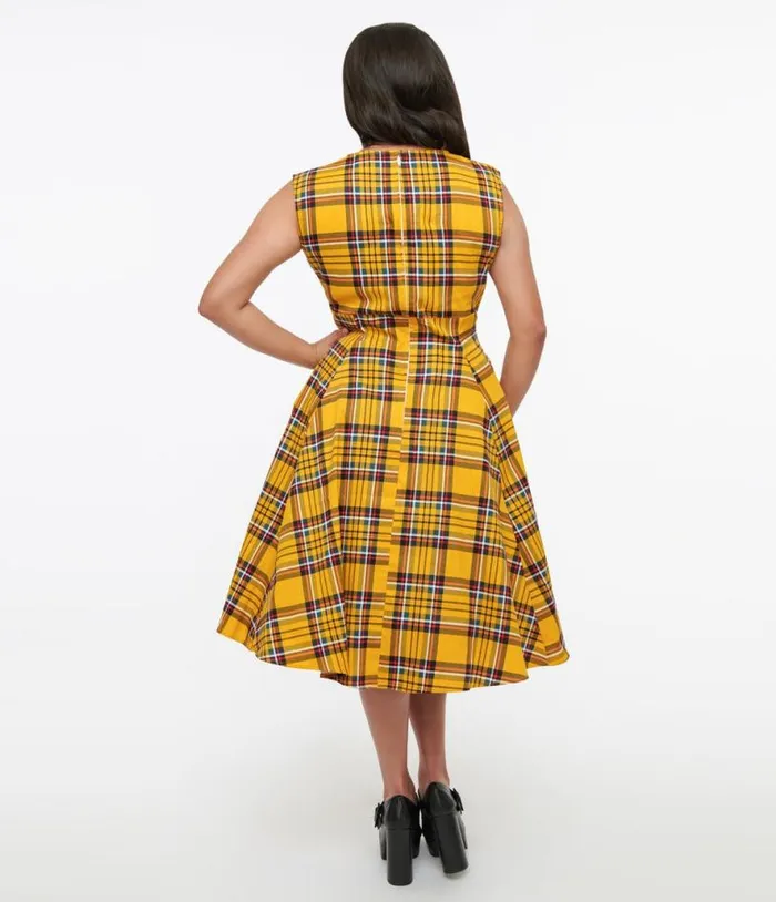 1950s Yellow Plaid Swing Dress DressesPlus Unique Vintage Pocket Dresses