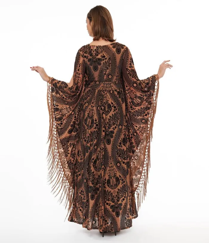 1960s Black and Nude Floral Fringe Flutter Sleeve Caftan DressesPlus Unique Vintage Caftans