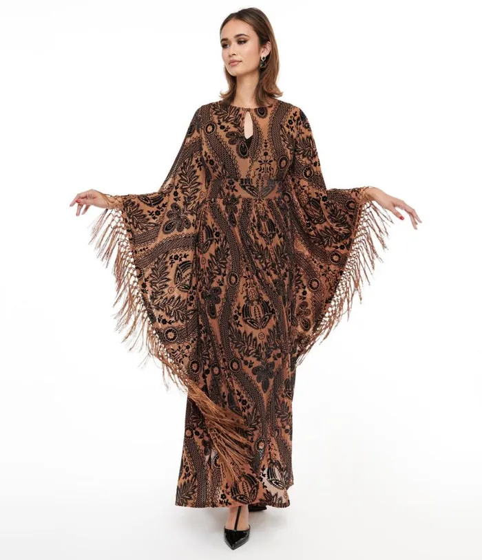1960s Black and Nude Floral Fringe Flutter Sleeve Caftan DressesPlus Unique Vintage Caftans