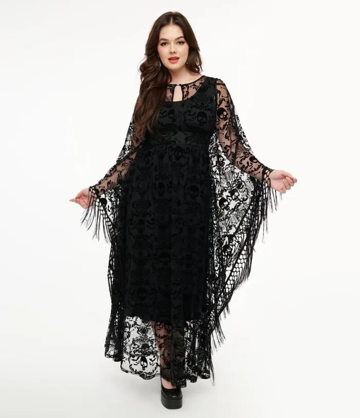 1960s Black Baroque Skull Burnout Fringe Flutter Sleeve Caftan DressesHalloweenPlus Unique Vintage Dresses 1960s Black Baroque Skull Burnout Fringe Flutter Sleeve Caftan DressesHalloweenPlus Unique Vintage Dresses