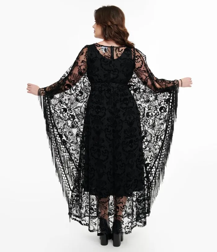 1960s Black Baroque Skull Burnout Fringe Flutter Sleeve Caftan DressesHalloweenPlus Unique Vintage Dresses