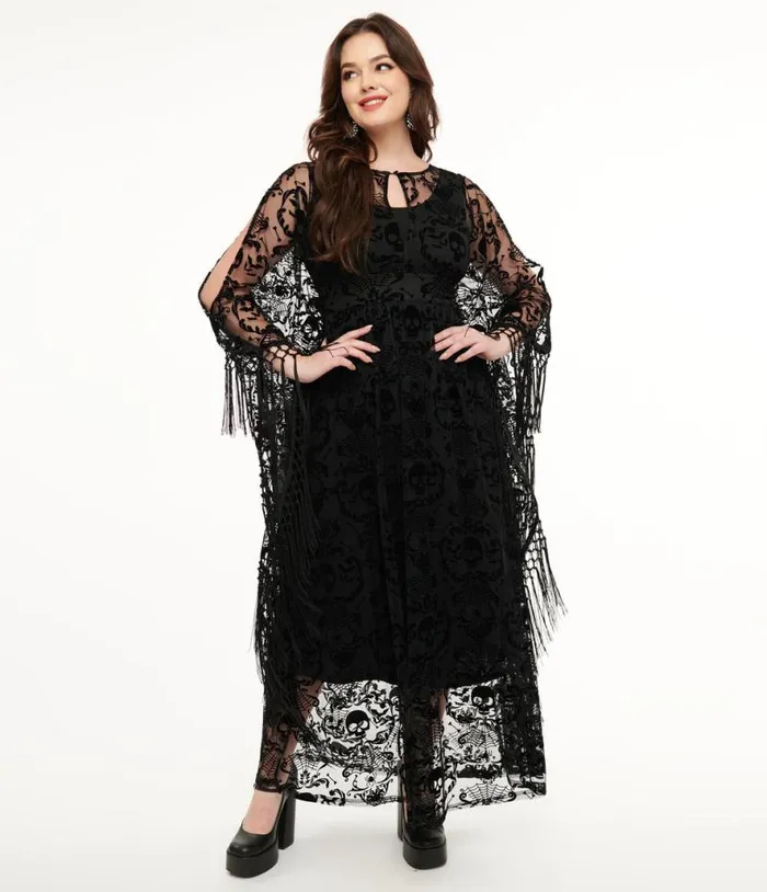 1960s Black Baroque Skull Burnout Fringe Flutter Sleeve Caftan DressesHalloweenPlus Unique Vintage Dresses