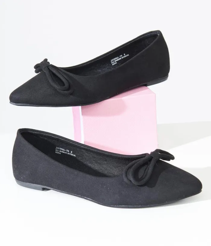 1960s Black Bow Pointed Ballet Flats Shoes Unique Vintage Flats