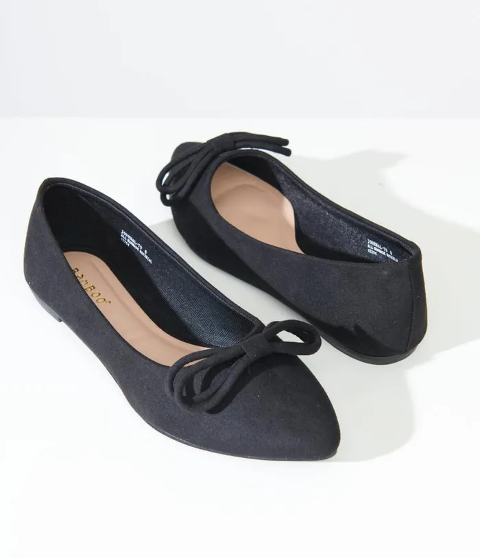 1960s Black Bow Pointed Ballet Flats Shoes Unique Vintage Flats