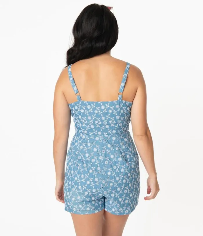 1960s Cotton Chambray Floral Eyelet Hayward Romper Clothing Unique Vintage Rompers and Jumpsuits