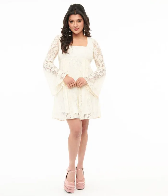 1960s Cream Lace and Pink Bow Priscilla Mini Dress DressesPlus Unique Vintage Babydoll