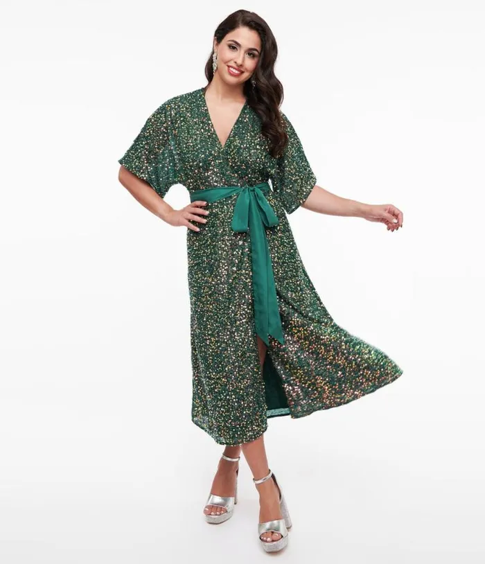 1960s Green Sequin Wrap Midi Dress Dresses Unique Vintage Wrap Dresses