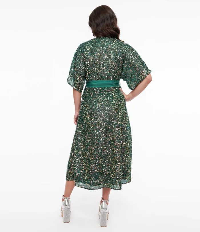 1960s Green Sequin Wrap Midi Dress Dresses Unique Vintage Wrap Dresses