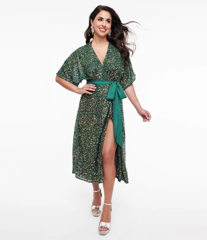 1960s Green Sequin Wrap Midi Dress Dresses Unique Vintage Wrap Dresses
