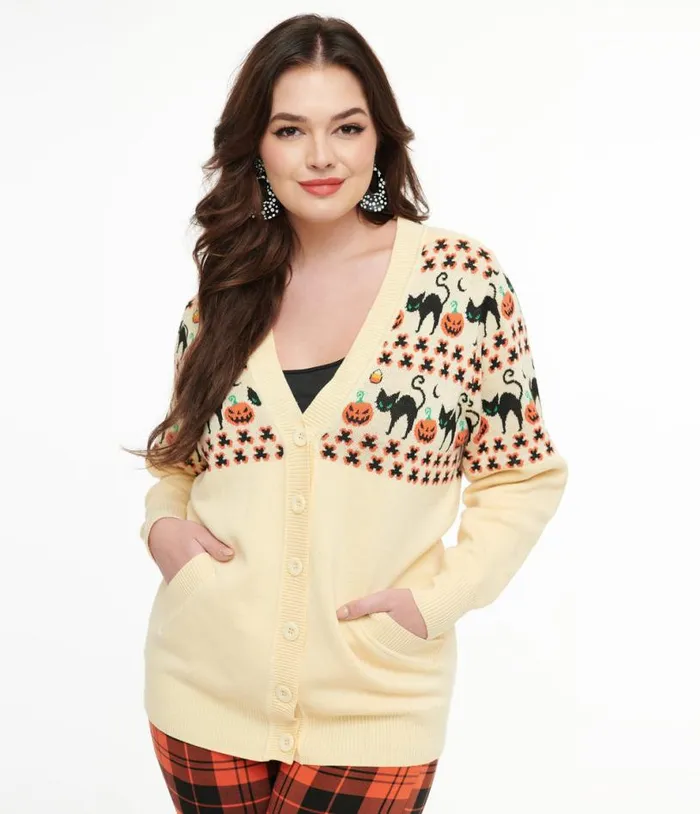 1960s Ivory and Orange Halloween Print Cardigan ClothingHalloween Unique Vintage Sweaters and Cardigans 1960s Ivory and Orange Halloween Print Cardigan ClothingHalloween Unique Vintage Sweaters and Cardigans